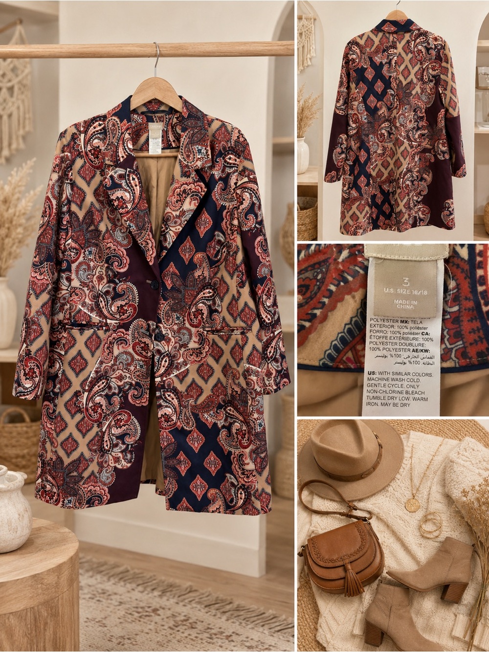 Chico's Paisley & Geometric Longline Blazer in Burgundy, Tan, Navy (size 16 XL)